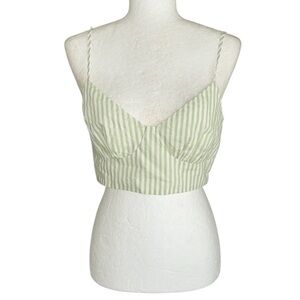 NWT Le Lis Sage Green & White Crop Striped Print Smocked Bustier Cropped Top - M